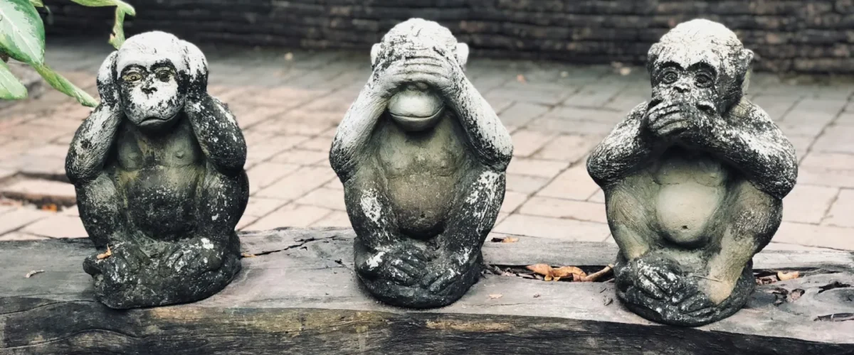 hear no evil, see no evil, speak no evil. three monkeys sitting next to each other on a log.